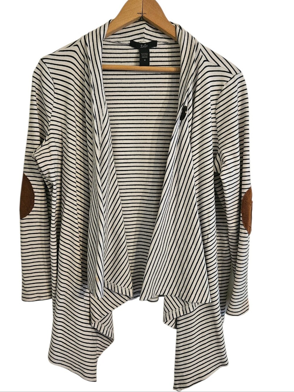 Rain Navy Striped Open-Front Cardigan with Elbow Patches Sz M